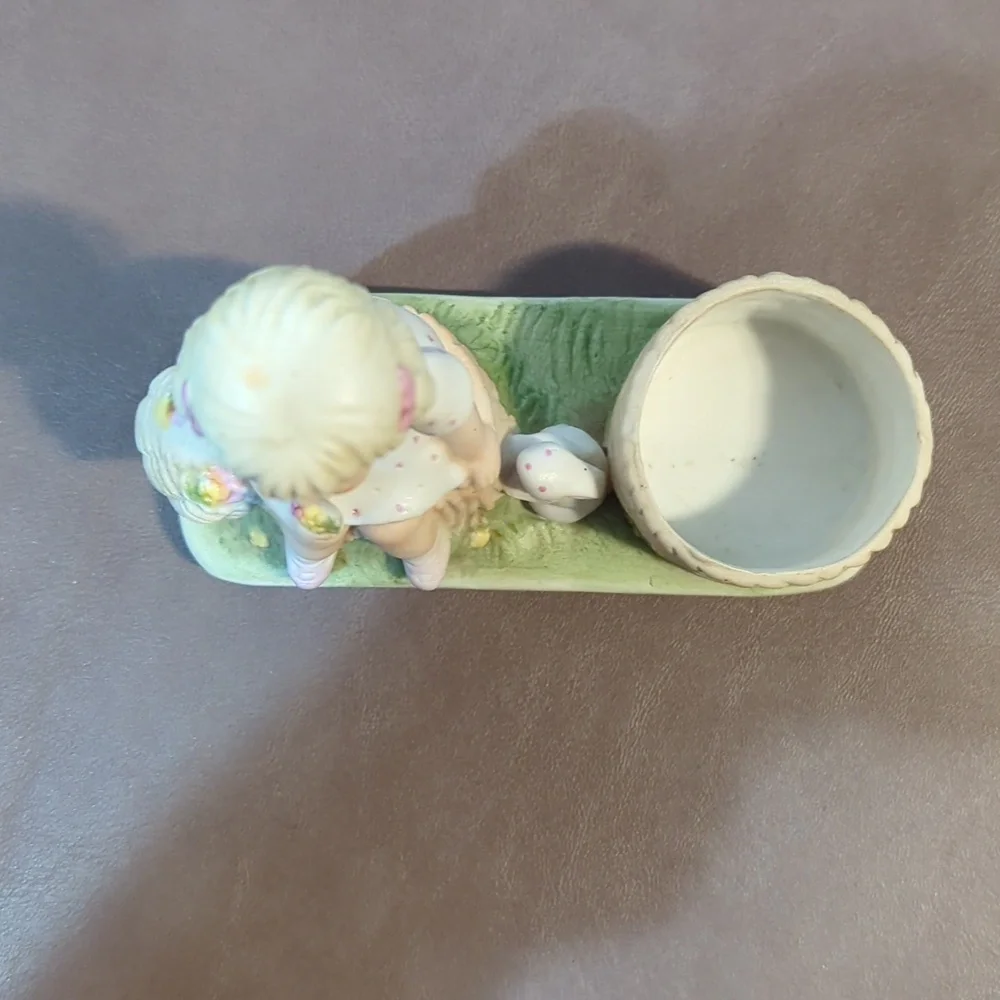 1983 Tea Lite Holder Girl with basket of flowers and Bunny Made in Taiwan A O C